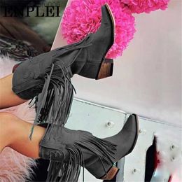 Boots XPAY Boots Women's Motorcycle Boots Ruffled Denim Shoes Spring and Autumn Women's Tassel Boots Low Heel Gladiator Style Sizes 34-43 Z230714