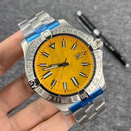 N Quality Right Hand Silver Watches Stainless Case Yellow Dial SUPEROCEAN HERITAGE Automatic Mechanical Movement Watch Leather Str3033