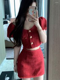 Work Dresses Korea Skirt Sets Womens Outfits Elegant Small Fragrance Tweed Set Cropped Jack High Waist Metal Buttons 2 Piece Suit