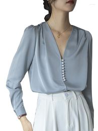 Women's Blouses 2023 Spring Blue Shirt Pearl Button French Long Sleeve Autumn Versatile V-Neck Satin Drop Top Blouse Women Retro