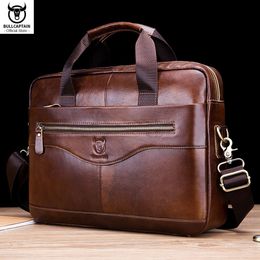 Briefcases BULLCAPTAIN Briefcase Shoulder Messenger Bags Mens Genuine Leather 14inch Laptop Office Business Handbag 230713