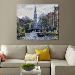 Canal in Amsterdam Handmade Claude Monet Painting Landscape Impressionist Canvas Art for Entryway Decor