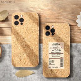 Japanese Wood Grain Label Phone Case For iPhone 14 13 12 11 Pro Max XR X XS Max 14 7 8 Plus Soft Cork Fibre Cooling Couple Cover L230619
