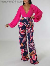 Women's Two Piece Pants Sets Outifits 2023 New Sexy Deep V Lantern Sleeve Top Plant Printed Wide leg pants Set Two Fashion Casual Pieces For Women T230714