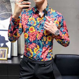 Men's Casual Shirts 100% Cotton Men Floral Shirts Dress Autumn Summer Flower Print Long Sleeve Button Up Male Casual Shirt Stage Banquet Street Wear T230714