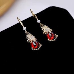 Stud Earrings Red Crystal Money Seeking Mythical Wild Animal Female Minority Luxury High-end Copper Plated Gold