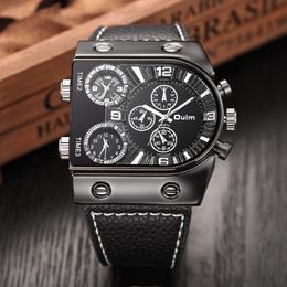 Oulm 9315 Men Watches Casual Leather Strap Wristwatch Sports Male Quartz Clock 3 Time Zone Unique Man Watch