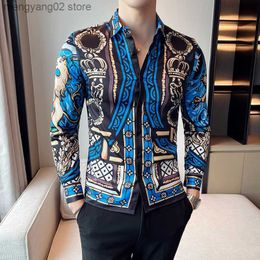 Men's Casual Shirts British Style Royal Crown Printed Men Shirts Dress Streetwear Slim Fit Long Sleeve Male Floral Shirt Tops Autumn Mens Fashions T230714