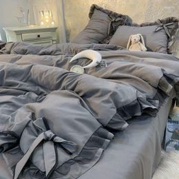 Bedding Sets Nordic Grey Quilt Cover Korean Prinsess Bow Lace Girl Simple Solid Colour Bedclothes Decor Bedroom