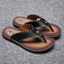 Slippers Summer Men's Handmade Leather Outdoor Casual Breathable Non-Slip Flip-flops Comfy Beach Plus Size 46