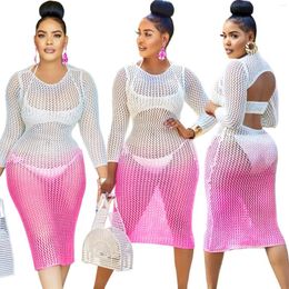 Casual Dresses Gradient Hollow Out Knitted Bodycon Midi Summer Dress Sets Women Outfits Y2k Streetwear Sexy Backless Long Sleeve Fishnet