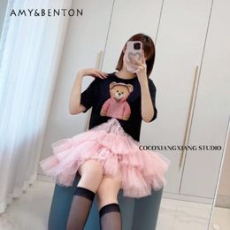 Casual Dresses Thai Fashion Sweet Bear Dress Heavy Industry Stitching Mesh Bubble Pink All-Matching Loose Slimming T-shirts