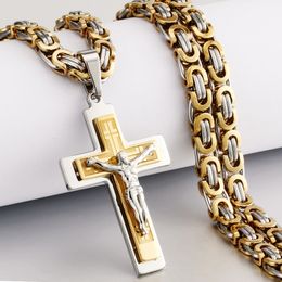 Pendant Necklaces Religious Men Stainless Steel Crucifix Cross Pendant Necklace Heavy Byzantine Chain Necklaces Jesus Christ Holy Jewelry Gifts 230713