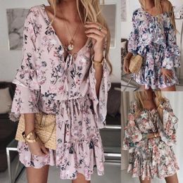 Casual Dresses Womens Boho Floral Printing Temperament Commuting European And American Chiffon Pink Pullover Shows Thin Cotton Skirt