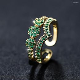 Wedding Rings Luxury Green Blue Red Black Stone Wave For Women Antique Gold Color Zircon Flower Bands Adjustable Finger Ring CZ