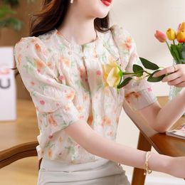 Women's Blouses Fashion Women Blouse Elegant Beading Floral Print Summer 2023 Short-sleeve Tops Office Lady Formal Shirts Camisas