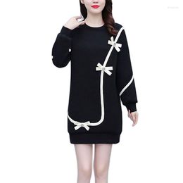 Women's Sweaters Black Sweatshirt Dress 2023 Autumn Round Neck Pullover Long Sleeve Ladies Bow Mid-length Large Size 5XL