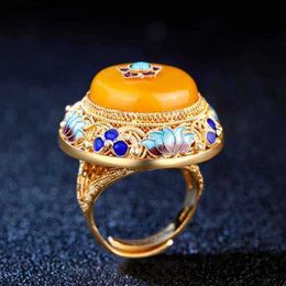 Ancient gold craftsmanship natural yellow chalcedony lotus enamel porcelain rings for women palace style luxury dinner jewelry L230704