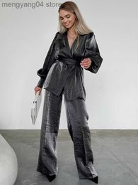 Women's Two Piece Pants 2022 Autumn Winter Women Elegant Solid Grey Satin Office Pants Set Outfits Long Sleeve Robe Suit 2 Two Piece Matching Set T230714