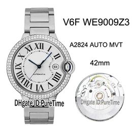 New V6F WE9009Z3 ETA A2824 Automatic Mens Watch Diamond Bezel White Textured Dial Black Roman Markers Steel Bracelet Edition 216m