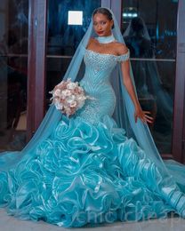 2023 Aso Ebi Luxuoso Vestido de Baile Sereia Cristais Frisados Tiers Noite Festa Formal Segunda Recepção Aniversário Noivado Vestidos Vestidos Robe De Soiree ZJ738