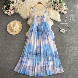 Vintage Bohemian seaside resort beach long dress loose sleeveless A-line pleated oil painting printed dress