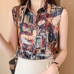 Women's Blouses Vintage Button Loose Print Shirt Summer Turn Down Collar Sleeveless Chiffon Blosue Casual Clothes Outerwear Blusas 25362