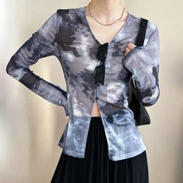 Women's Blouses Sexy V-neck Shirt 2023 Vintage Print Blouse Summer Thin Tops Long Sleeve Ice Silk Sunscreen For Women Clothes 27256