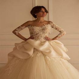 Sheer Tulle Wedding Dresses 2019 Custom Pleats Applique A-Line Long Sleeve Lace African Bridal Gowns Vestido De Noiva W900270w