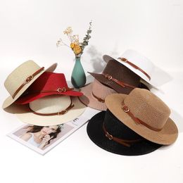 Wide Brim Hats Summer Flat Top Straw For Women Fashionable Beach Sun Hat Females Elegant Holidays Boater