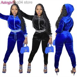 Women's Two Piece Pants Adogirl Striped Velvet Two Piece Set Women Autumn Winter Tracksuit Zipper Long Sleeve Hoodies Coat Pants Jogging Sport Suit T230714