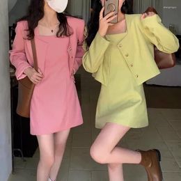 Two Piece Dress Women Blazer Suit 2pcs Korean Fashion Simple Y2k Long Sleeve Jacket Coats Tank Wide Straps Mini Set 4 Colours