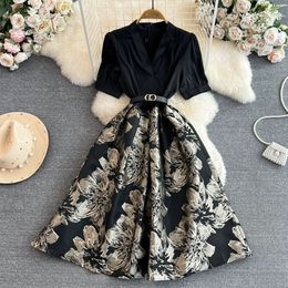 High grade and light familiar style bubble short sleeved suit collar with waistband and slim A-line jacquard dress elegant large swing long skirt