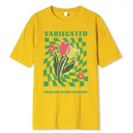 Men's T Shirts Variegated Tulips Green Grid Print T-Shirt Men Cotton Short Sleeve T-Shirts Casual Breathable Tops Pattern Tee Clothes Man