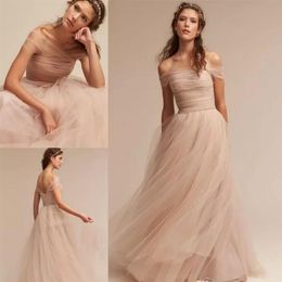 Bohemian 2020 Simple Nude Tulle Beach Wedding Dresses Off The Shoulder Elegant Boho Garden Bridal Gowns Custom Vestidos De Novia Z2262