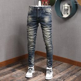 Men's Jeans Classic Vintage Distressed Ripped Men Cotton Slim Fit Retro Blue Denim Pants