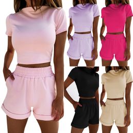 2023 Women's Tracksuits European and American summer casual set short sleeved high waisted open navel shorts set