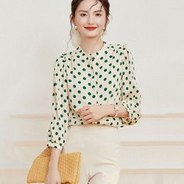Women's Blouses Sleeve Polka Dot Shirt Long-Sleeved Loose Temperament Stand Collar Chiffon Bubble Blouse Buttons V06