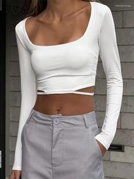 Women's T Shirts FSDA Square Neck White Long Sleeve Sexy Women Cut Out Skinny Casual Basic Crop Tops Autumn Summer 2023 Tee Clubwear