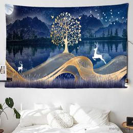 Tapestries Dome Cameras Landscape Tapestry Deer Moon Wall Cloth Forest Living Room Cloth Background Cloth Bohemian Tapestry Starry Night Galaxy Decor R230714