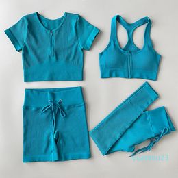 Yoga Outfit 24PCS Seamless Clothing Set Women Short Sleeve Crop Top Fitness Bra With Zipper High Waist LeggingsShorts Sports Suits