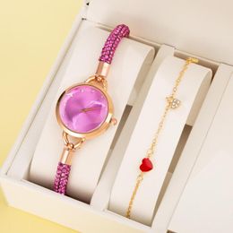 Wristwatches 2023 2pcs Cute Fashion Crystal Bracelet And Watch Set For Woman Girl Small Head Rope Watches Red Heart Gift Womans