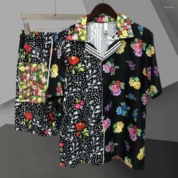 Men's Tracksuits Summer Casual Loose Short Sleeve Set Men Clothing Ethnic Vintage Floral Print Splicing Contrasting Colors Shirt Suit