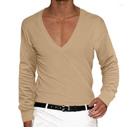 Men's T Shirts Leisure Loose V Neck Shirt Men Casual Long Sleeve Solid Colour Basic T-shirts For Mens Clothes Fashion Pullover Tee Streetwear