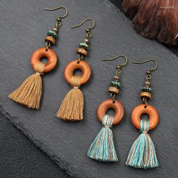 Dangle Earrings Ethnic Style Summer Vacation Jewellery For Women Bohemian Retro Antique Round Wooden Bead Tassel