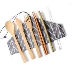 Dinnerware Sets Portable Bamboo Set Travel Straw Cutlery With Bag Kitchen Accessories