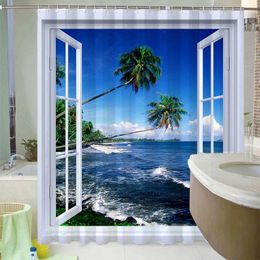 Shower Curtains Tropical Landscape Shower Curtain 3D Open Window Ocean Beach Starfish Shell Tree Scenery Waterproof Bathroom Decor Curtains