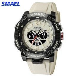 SMAEL Dual Time Digital Watch for Men Military Sport Chronograph Quartz Wristwatch Beige Strap with Date Electronic Clock Male