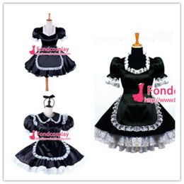 Sissy Maid Black Satin Uniform Lockable Dress Cosplay Costume for Animation Exhibition Beach Holiday Sexy Prom Night Dresses265S