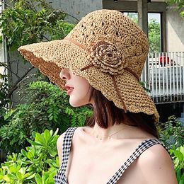 Wide Brim Hats Korean Summer Beach Hat Flower Foldable Seaside Vacation Sunscreen Big Eaves Sun Fashion Straw Cap